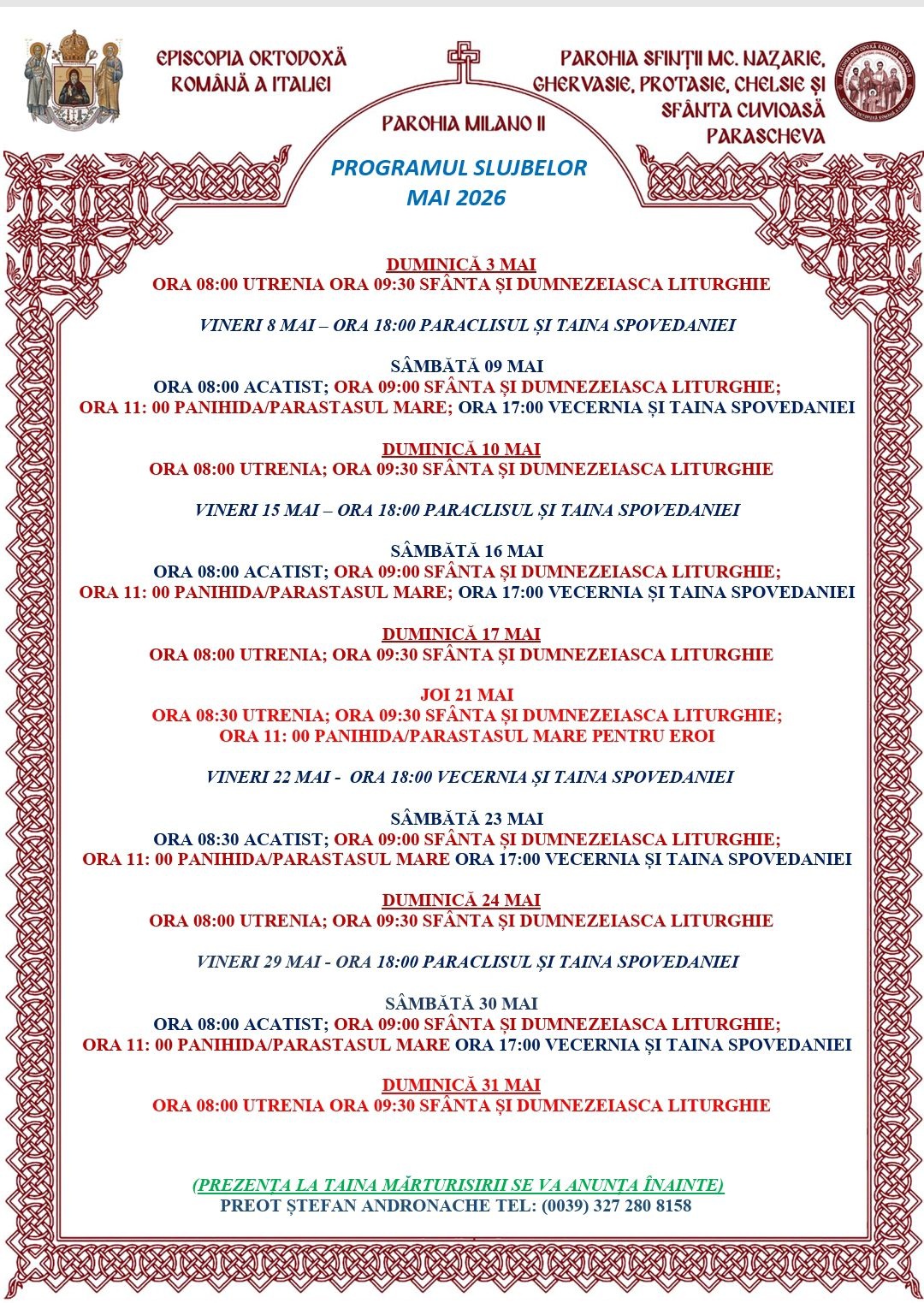 Program Mai - Parohia Milano 2 - Program Slujbe